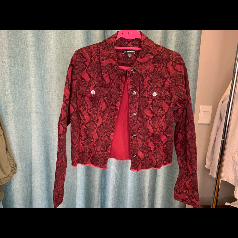 INC Red Black Snake Print Denim Jacket